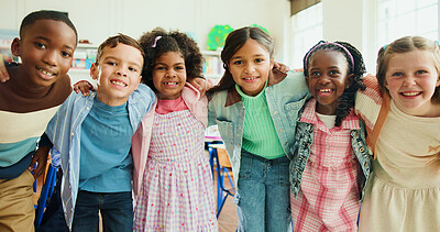 Buy stock photo Education, portrait and students or friends in classroom together for learning, growth or development. Embrace, smile and happy children in back to school class for knowledge, hug and academics
