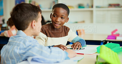 Buy stock photo Learning, students and friends in classroom for knowledge, test and writing exam or study. Kids, talking and team in lesson for education or children for conversation and talk together at school