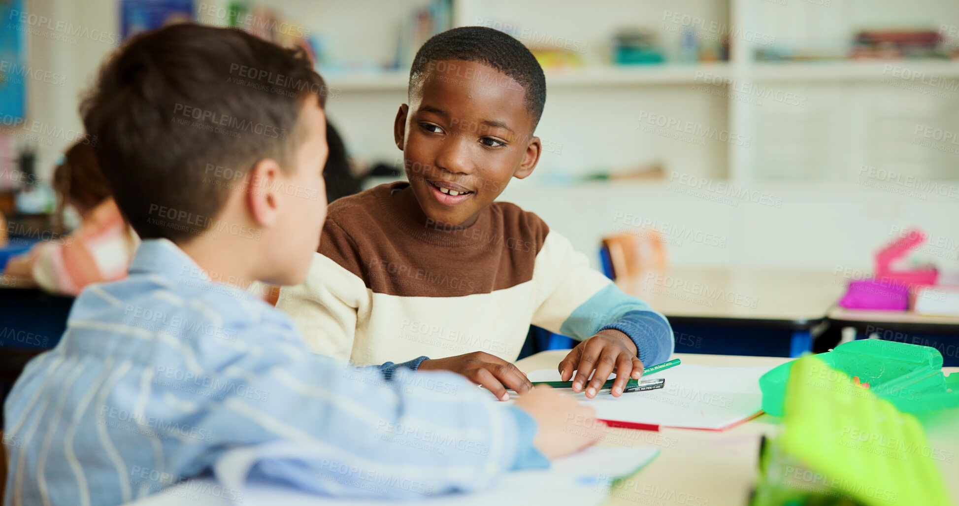 Buy stock photo Learning, students and friends in classroom for knowledge, test and writing exam or study. Kids, talking and team in lesson for education or children for conversation and talk together at school