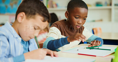 Buy stock photo Learning, coloring and friends in classroom for creative, test and art assignment or study. Kids, students and pencil in lesson for children, education and project for development together at school