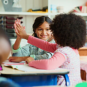 Children, smile and high five in classroom for success, education and ...