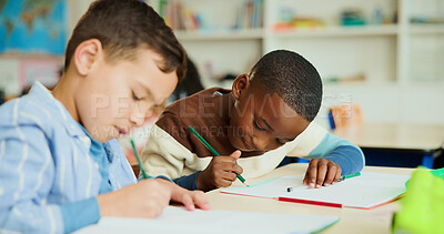 Buy stock photo Learning, students and friends in classroom for creative, test and art assignment or study. Kids, pencil and coloring in lesson for children, education and project for development together at school