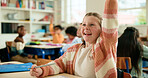Girl, child and question with hands raised in classroom for studying, knowledge and education for future. Kid, student and development for scholarship with assignment, test or assessment in academy