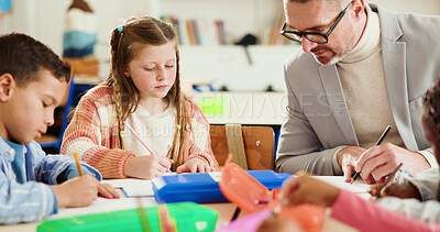 Buy stock photo Classroom, teacher and writing with children, education or helping students with task in elementary. Learning, kids and man with curriculum for knowledge, growth and development in school or academic