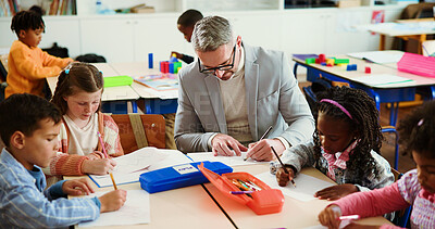 Buy stock photo Writing, teacher and man with children, classroom or education for growth, development or knowledge. School, educator and person with assignment for kids, learning and curriculum in elementary