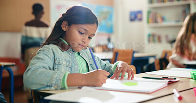 Buy stock photo Girl, writing and book for education in classroom, development or notes for assessment at academy. Child, paper and thinking with solution, problem solving and task for learning at elementary school