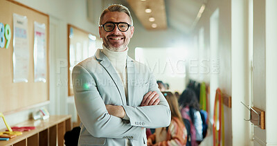 Buy stock photo Arms crossed, smile and portrait of teacher in hallway for education, support and confidence. Learning, scholarship and pride with students and mature man in school for child development and growth
