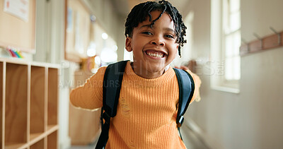 Buy stock photo Education, portrait and smile of black child in school corridor for development, learning or study. Excited, future and growth with happy African boy in academy hallway for knowledge as student