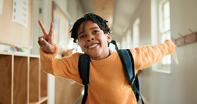 Buy stock photo Education, peace sign and smile of black child in school corridor for development, learning or study. Emoji, future and growth with happy African boy in academy hallway for knowledge as student