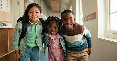 Buy stock photo Portrait, children and friends hug for education, teamwork and happiness in elementary school. Smile, kids and group of students embrace for learning, future and development together in hallway