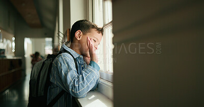 Buy stock photo Boy, child and wave at window, school and ready for learning, development or thinking in corridor. Kid, pupil and greeting with gesture, backpack and goodbye in hallway for education at academy