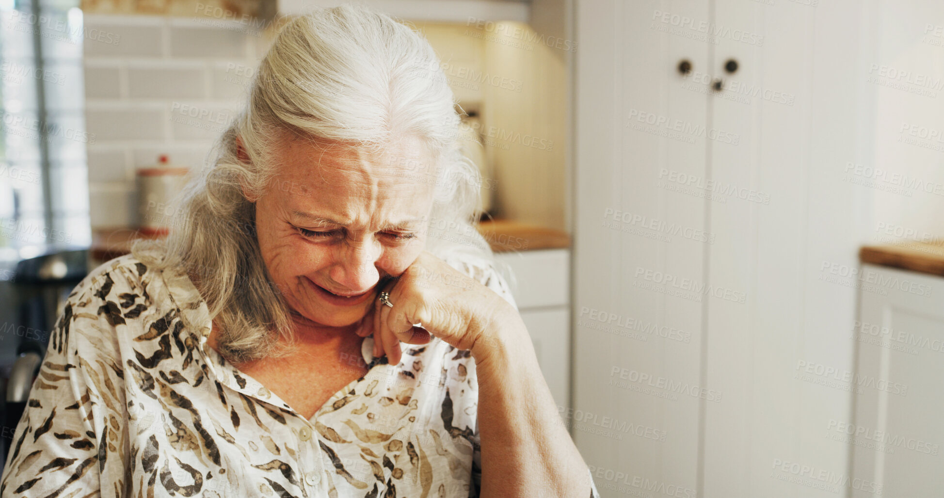 Buy stock photo Sad, senior woman and crying at house with depression, mourning loss and trauma memory. Emotional, elderly person and grief for broken heart, loneliness and sorrow of bad news with nostalgia distress