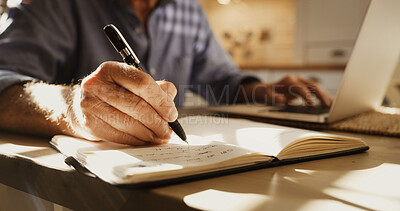 Buy stock photo Retirement, writing or senior hand with notebook at home, research or online renewal for financial security. Pension, information or elderly man on website with laptop, benefit or claim for policy