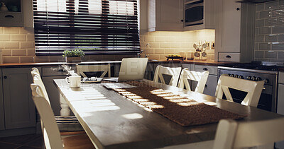 Buy stock photo Coffee, kitchen and laptop on wooden table in home for remote work, research or study online. Computer, light and still life of interior with cup in empty apartment for start of morning routine