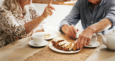 Buy stock photo Cake, hands and senior couple in home with sweet snack together for afternoon tea in retirement. Marriage, eating and elderly man with woman for dessert with coffee for bonding on weekend in house.