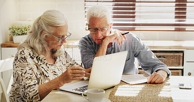 Buy stock photo Senior couple, thinking and laptop with documents in retirement home for finance, fund or budget. Elderly, man and woman with paperwork on computer for financial planning or asset management in house