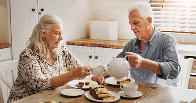 Buy stock photo Pouring, tea and old couple in kitchen, love or bonding with cake in house, care or calm on break. Relax, senior woman and elderly man with warm beverage, relationship and dessert on weekend