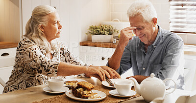 Buy stock photo Tea, relax and cake with old couple in kitchen for bonding, retirement and brunch date. Love, coffee cup and eating with senior man and woman at dining able of home for partner and dessert together