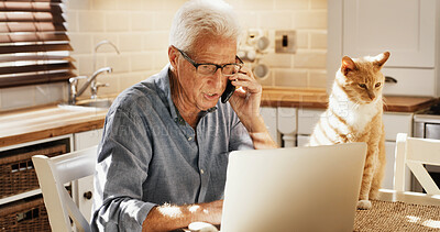 Buy stock photo Home, phone call and senior man with cat, talking and plan for health insurance on laptop or online. Policy, update and conversation with customer service for vet care, elderly person and pet