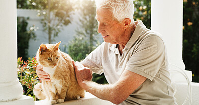 Buy stock photo Relax, cat and happy with old man in garden of home for emotional support animal, retirement and feline care. Bonding, service pet and kitten with senior person in backyard of house for love