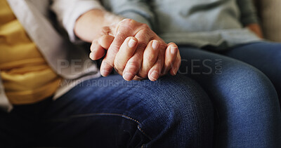 Buy stock photo Support, senior couple and holding hands on sofa for retirement security, bonding together and love. Pensioner, elderly people and affection in house for romance, marriage commitment and connection
