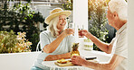 Happy, senior couple or toast with glass in backyard for summer bonding, holiday or outdoor weekend. Elderly, man and woman with smile or cheers for natural organic drink, diet or mineral liquid