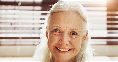 Buy stock photo Smile, relax and portrait of senior woman in home with confidence, pensioner and positive attitude. Happy, pride and face of elderly female person in retirement from London with calm weekend in house