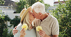 Senior couple, kiss and garden with pineapple for natural love, food and fresh sustainability. Elderly, man and woman with affection or organic fruit for sweet compassion or old romance in backyard