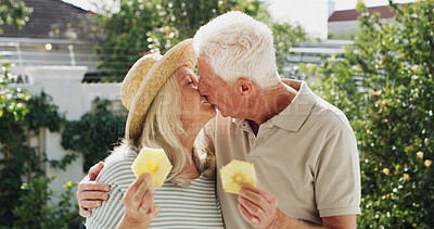 Buy stock photo Senior couple, kiss and garden with pineapple for natural love, food and fresh sustainability. Elderly, man and woman with affection or organic fruit for sweet compassion or old romance in backyard