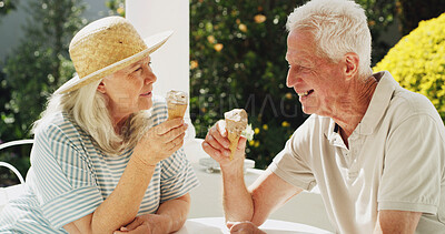 Buy stock photo Happy, elderly couple or laughing with ice cream in garden for cool summer snack or bonding. Senior man, woman or date with smile or cone in outdoor backyard for dessert, funny joke or humor together