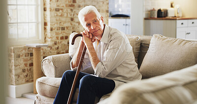 Buy stock photo Senior man, thinking and sofa with cane for memory, nostalgia or daydreaming in retirement home. Elderly, male person or contemplating with walking stick or aid on couch for past or regret in house
