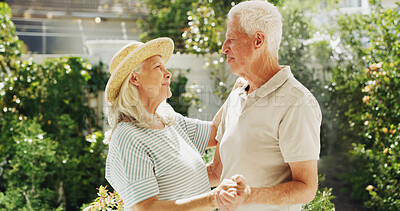Buy stock photo Senior couple, dancing and garden with love for retirement, romance or commitment together. Elderly, man and woman bonding in outdoor nature for anniversary, old memory or celebration in backyard