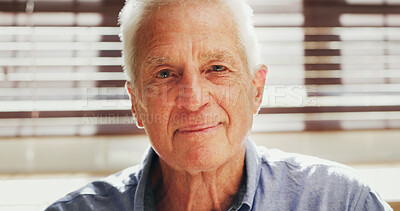 Buy stock photo Calm, relax and portrait of senior man in home with confidence, pensioner and positive attitude. Smile, pride and face of elderly male person in retirement from London with peaceful weekend in house.