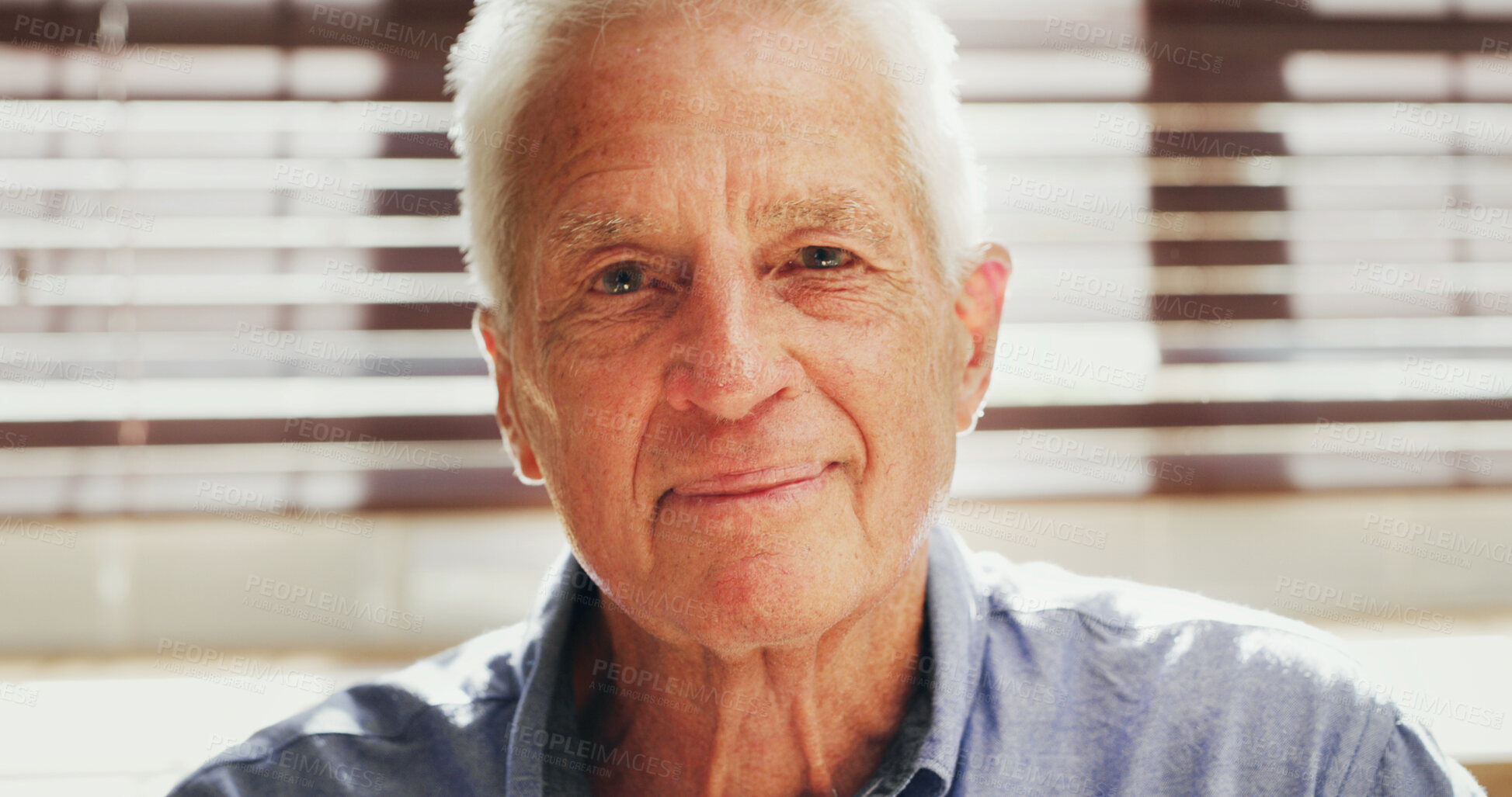 Buy stock photo Calm, relax and portrait of senior man in home with confidence, pensioner and positive attitude. Smile, pride and face of elderly male person in retirement from London with peaceful weekend in house.