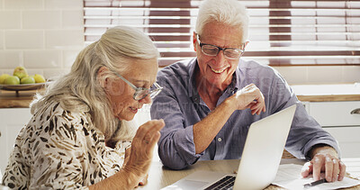 Buy stock photo Documents, finance and laptop with old couple in kitchen of home for bank or budget review. Computer, investment and paperwork with happy senior people in apartment for savings growth or success