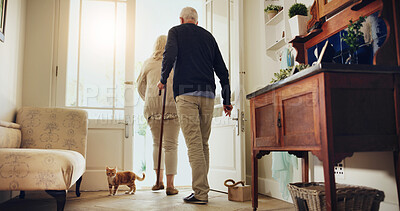 Buy stock photo Retirement, back and old couple in home with cat, walking and health for heart rate. Sunlight, wellness and elderly people in house with cane, front door and leaving for daily cardio exercise. 