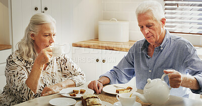 Buy stock photo Kitchen, senior couple and people with coffee, breakfast or bonding with cake in home, calm or break. Relax, elderly man and old woman with warm beverage, relationship and dessert on weekend in house