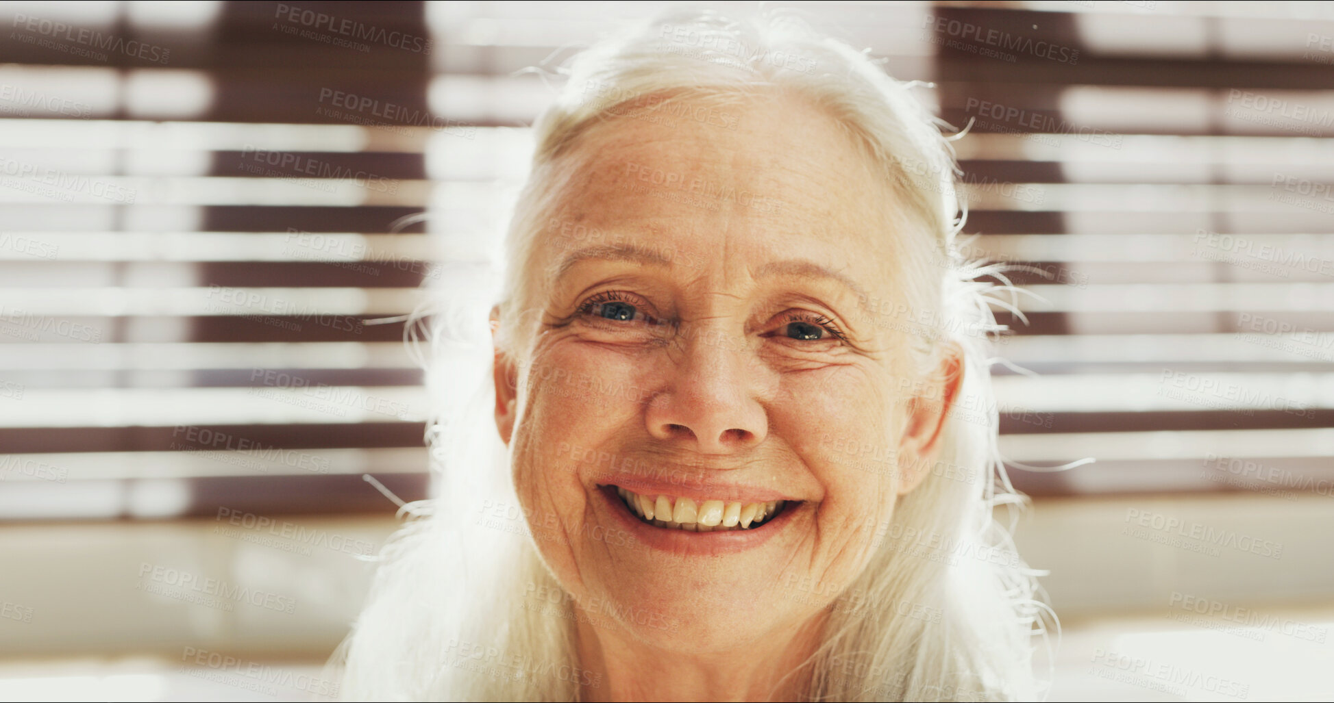 Buy stock photo Happy, relax and portrait of senior woman in home with confidence, pensioner and positive attitude. Smile, pride and elderly female person in retirement from London with calm weekend in house.
