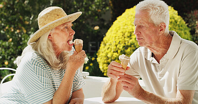 Buy stock photo Outdoor, senior couple and eating ice cream for sweet treat, bonding together and summer holiday. Retirement, elderly people and relax with gelato cone in garden for dessert snack or anniversary date