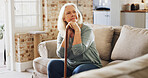 Thinking, relax and old woman in home with walking stick, pensioner and content in living room. Peace, retirement and elderly person in house with cane, memory and reflecting on olden days in lounge.