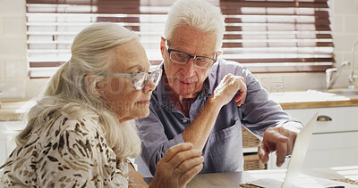 Buy stock photo Senior couple, laptop and bills in kitchen for insurance policy, pension fund or application. Computer, elderly man and woman in home for retirement planning, annuity or reading email for finance tax