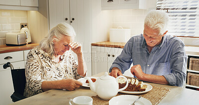 Buy stock photo Retirement, old couple with smile in kitchen, happy marriage and relax for wellness in home. Gratitude, senior people and love with breakfast, chat and morning routine with trust for connection.