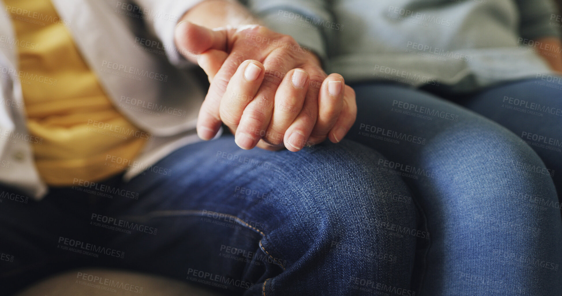 Buy stock photo Love, senior couple and holding hands on sofa for retirement support, bonding together and loyalty. Pensioner, elderly people and affection in house for romance, marriage commitment and connection