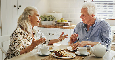 Buy stock photo Cake, conversation and senior couple in home with bonding together for dessert with tea. Talking, relax and elderly man with woman in retirement for eating sweet treat with coffee in kitchen in house