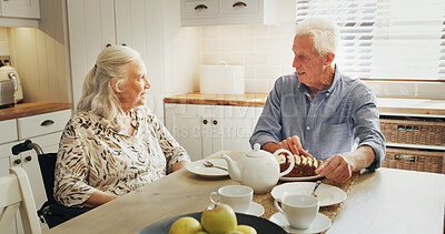 Buy stock photo Talking, senior couple and coffee in kitchen, breakfast or bonding with cake in home, calm or break. Relax, elderly man and old woman with warm beverage, relationship and dessert on weekend in house