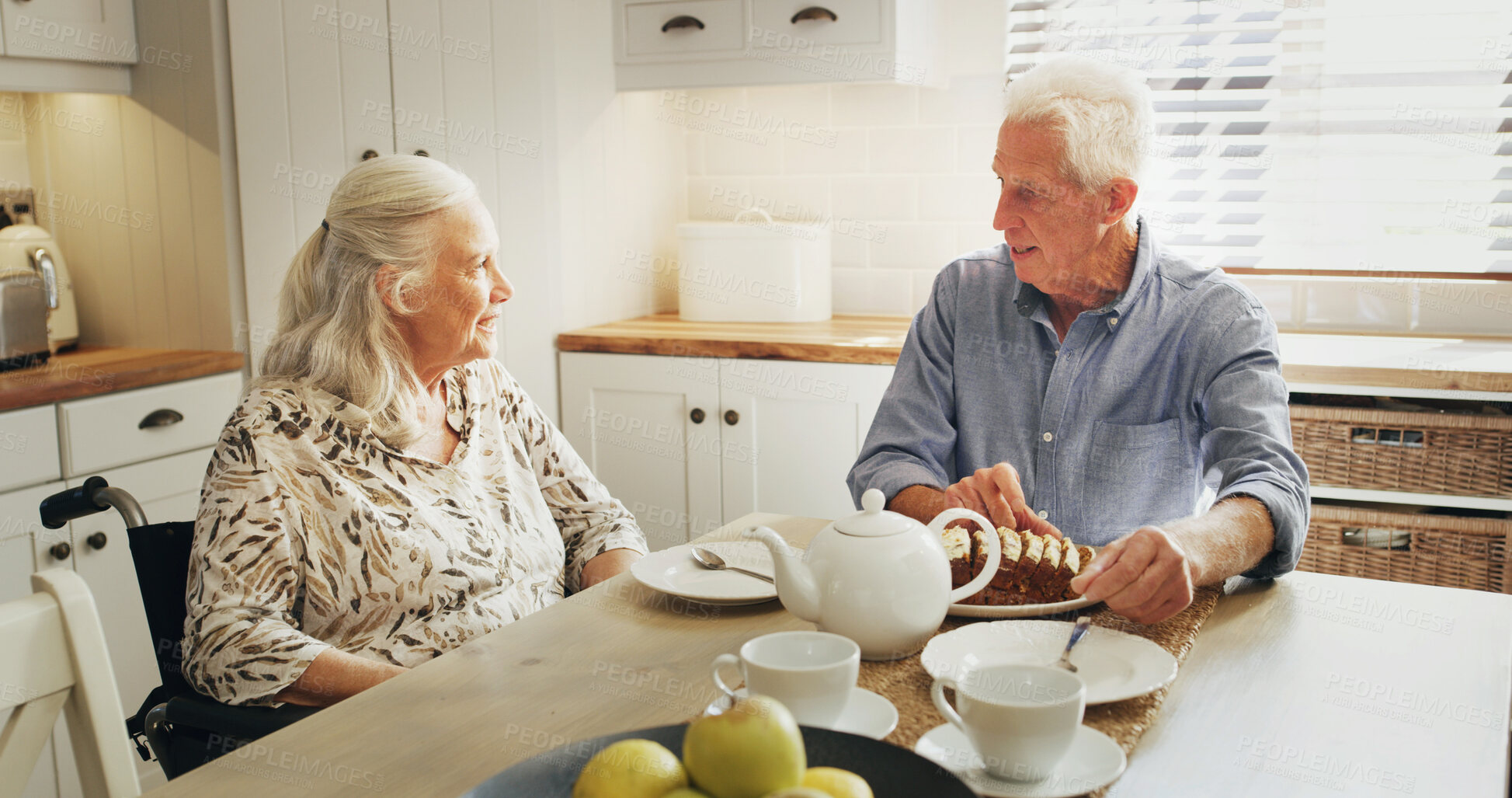 Buy stock photo Talking, senior couple and coffee in kitchen, breakfast or bonding with cake in home, calm or break. Relax, elderly man and old woman with warm beverage, relationship and dessert on weekend in house