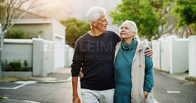Buy stock photo Walking, hug and senior couple in street, retirement and support with relationship. Outdoor, neighbourhood and old man with mature woman, embrace and marriage with hobby, wellness and morning routine