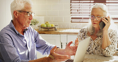 Buy stock photo Elderly couple, laptop and phone call for finance, mortgage or talking for loan fee. Computer, man and woman on mobile for budget, pension savings or bank charge on retirement account in home kitchen