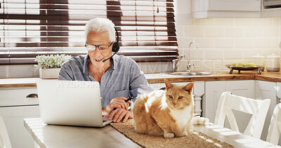 Buy stock photo Man, headset and smile with laptop at house of customer service, online advice and help client. Mature person, freelancer and consultation on PC with cat, FAQ and CRM assistance of technical solution