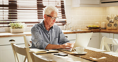 Buy stock photo Budget, old man and typing on laptop in home for finance report, pension fund planning and research. Pensioner, elderly person and tech in house for loan application, online policy and writing email